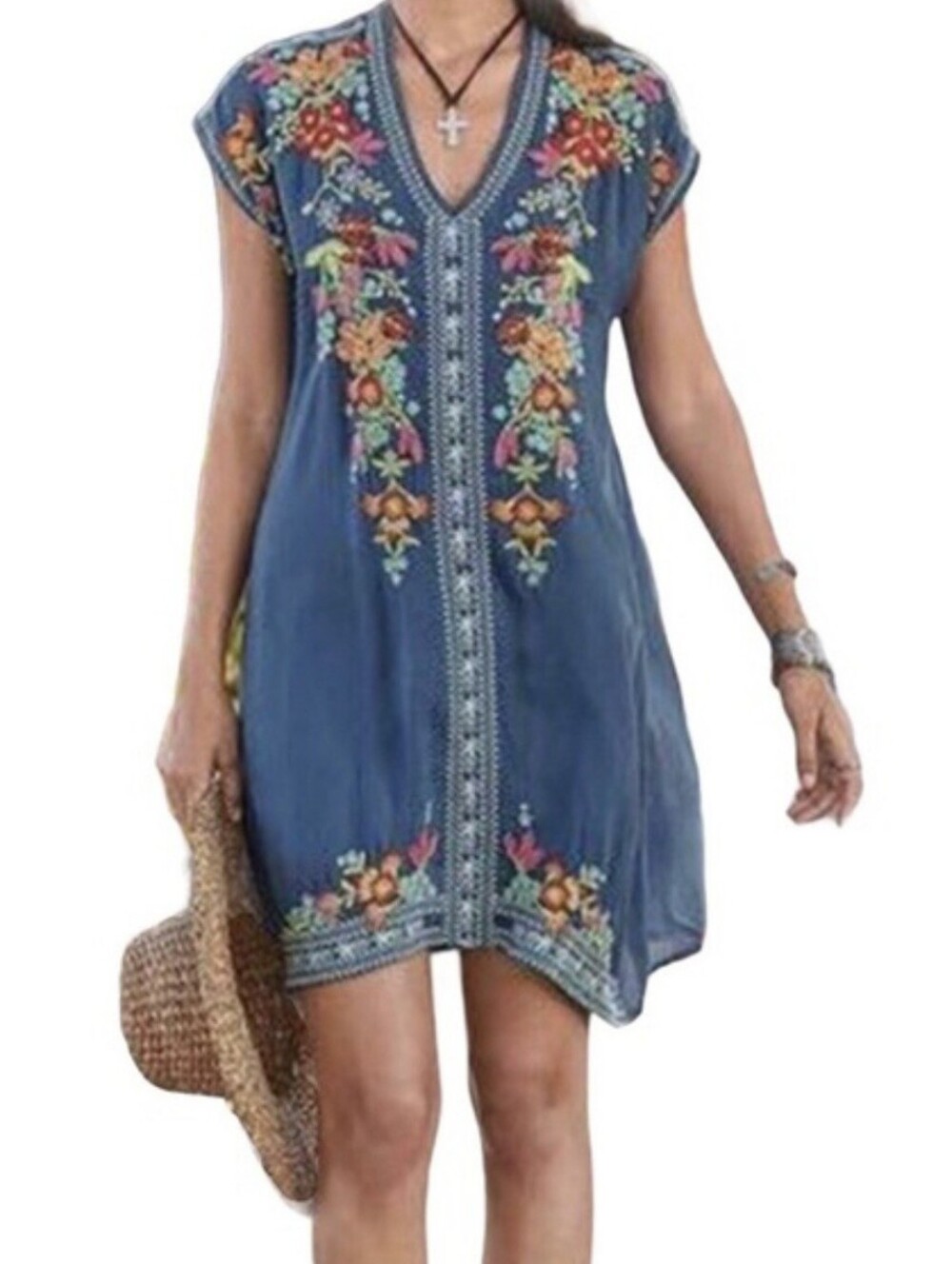 MISSLOOK Blue Embroidered V-Neck Tunic / Mini Dress Floral Detail Size Large EUC